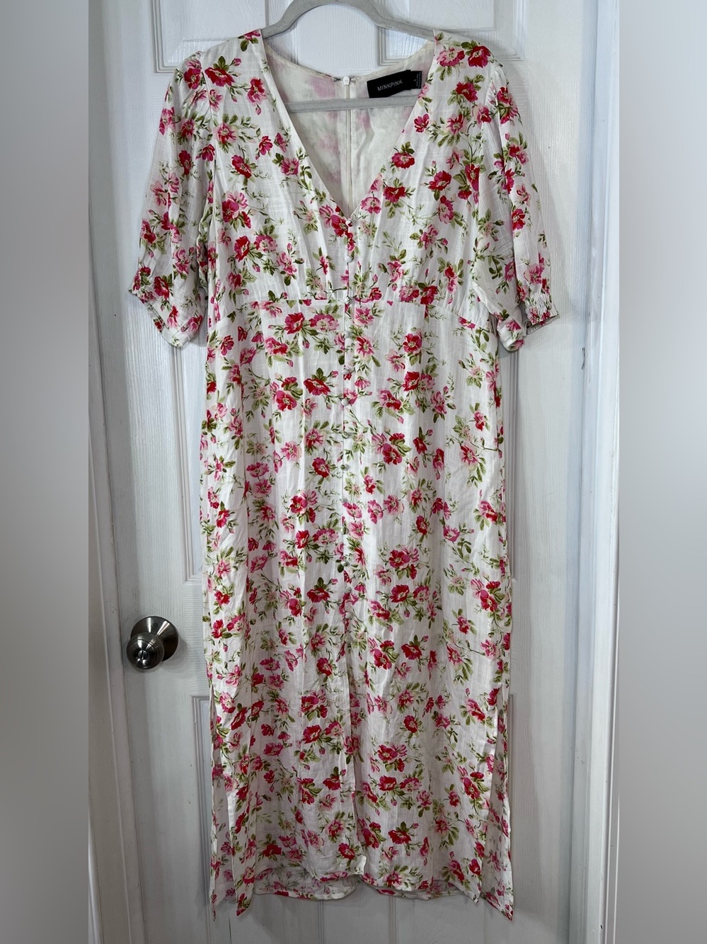 MINKPINK White Floral Midi Dress with Pink & Green Accents Size Large